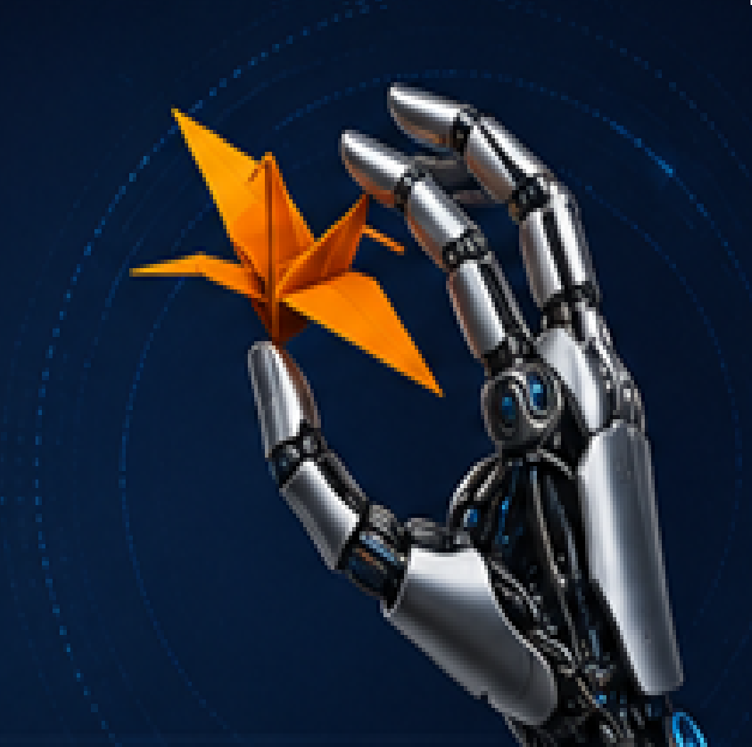 Robotic hand holding an orange origami shape